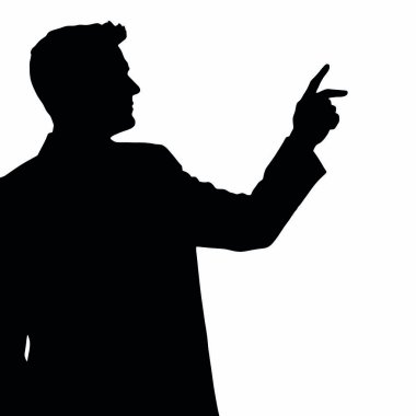 Bir el hareketi ile beyaz tahtayı işaret eden bir işadamı silueti ve bir el işareti (28))