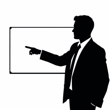 Bir el hareketi ile beyaz tahtayı işaret eden bir işadamı silueti ve bir el işareti (29))