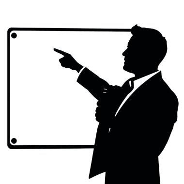 Bir el hareketi ile beyaz tahtayı işaret eden bir işadamı silueti ve bir el işareti (7))