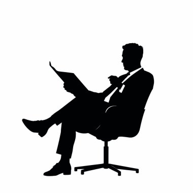 Bir işadamı silueti bacak bacak üstüne atmış bir sandalyede oturuyor, önünde gazete okuyor (5))