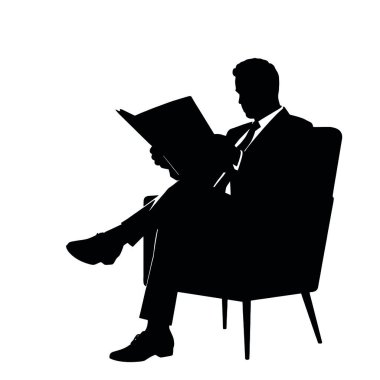 Sandalyede oturan bir işadamı silueti bacak bacak üstüne atmış, önünde duran bir gazete okuyor (8))