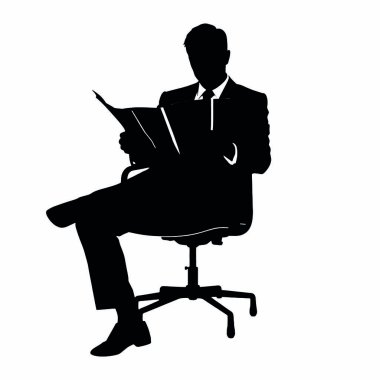 Ayakları çapraz bir sandalyede oturan bir işadamı silueti, önünde duran bir gazete okuyor (6))