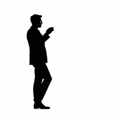 Bir işadamı silueti ayakta duruyor ve kahve içiyor, bir eli ağzının yanında bir kahve fincanı tutuyor (13)