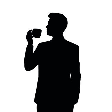 Bir işadamı silueti ayakta duruyor ve kahve içiyor, bir eli ağzının yanında bir kahve fincanı tutuyor (17))