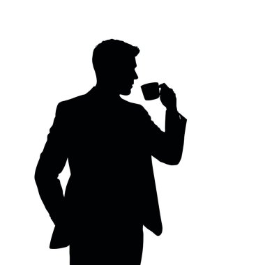Bir işadamı silueti ayakta duruyor ve kahve içiyor, bir eli ağzının yanında bir kahve fincanı tutuyor (2))