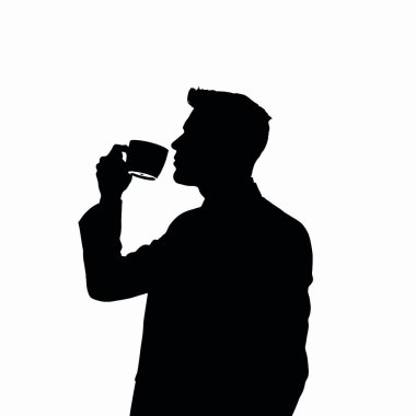 Bir işadamı silueti ayakta duruyor ve kahve içiyor, bir eli ağzının yanında bir kahve fincanı tutuyor (4))
