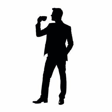 Bir işadamı silueti ayakta duruyor ve kahve içiyor, bir eli ağzının yanında bir kahve fincanı tutuyor (5))