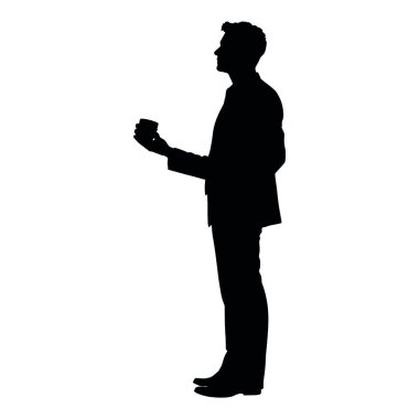 Bir işadamı silueti ayakta duruyor ve kahve içiyor, bir eli ağzının yanında bir kahve fincanı tutuyor (7)