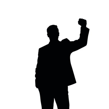 Bir iş adamı silueti, yükseltilmiş bir yumrukla, motivasyon verici bir jest yapar (24)