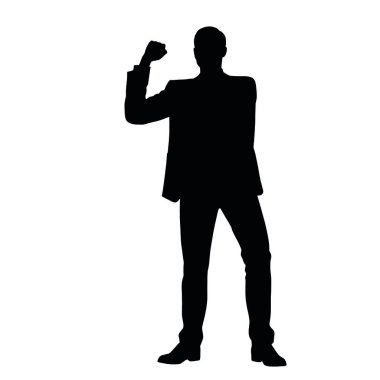 Bir iş adamı silueti havada duran bir yumrukla motivasyon verici bir hareket yapar (29))