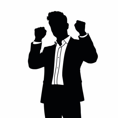 Bir iş adamı silueti, yükseltilmiş bir yumrukla, motivasyon verici bir jest yapar (6))