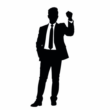 Bir iş adamı silueti, yükseltilmiş bir yumrukla, motivasyon verici bir jest yapar (8))