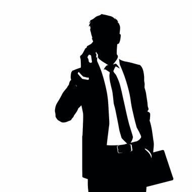 Bir iş adamı silueti cep telefonuyla konuşuyor, bir eli kalçasında ve kendinden emin bir duruşu var (10))