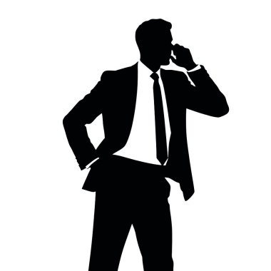 Bir iş adamı silueti cep telefonuyla konuşuyor, bir eli kalçasında ve kendinden emin bir duruşu var (11))