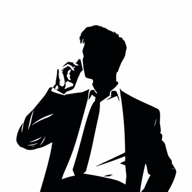 Bir iş adamı silueti cep telefonuyla konuşuyor, bir eli kalçasında ve kendinden emin bir duruşu var (12))