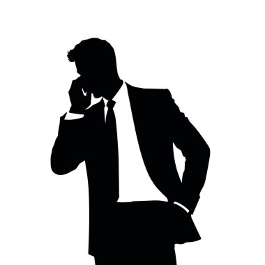 Bir iş adamı silueti cep telefonuyla konuşuyor, bir eli kalçasında ve kendinden emin bir duruşu var (13)