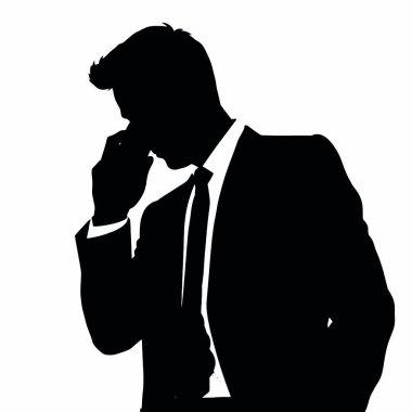 Bir iş adamı silueti cep telefonuyla konuşuyor, bir eli kalçasında ve kendinden emin bir duruşu var (14))