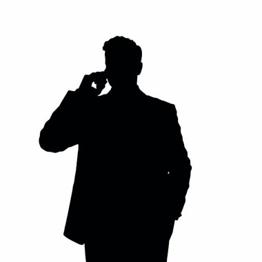 Bir iş adamı silueti cep telefonuyla konuşuyor, bir eli kalçasında ve kendinden emin bir duruşu var (16)