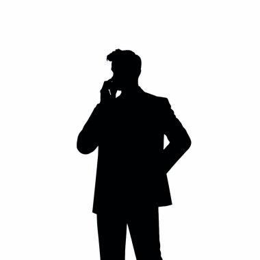 Bir iş adamı silueti cep telefonuyla konuşuyor, bir eli kalçasında ve kendinden emin bir duruşu var (19)