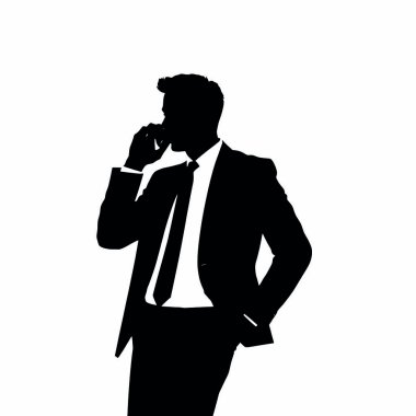 Bir iş adamı silueti cep telefonuyla konuşuyor, bir eli kalçasında ve kendinden emin bir duruşu var (20)