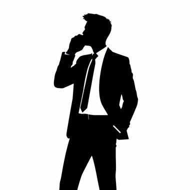 Bir iş adamı silueti cep telefonuyla konuşuyor, bir eli kalçasında ve kendinden emin duruşu (21)