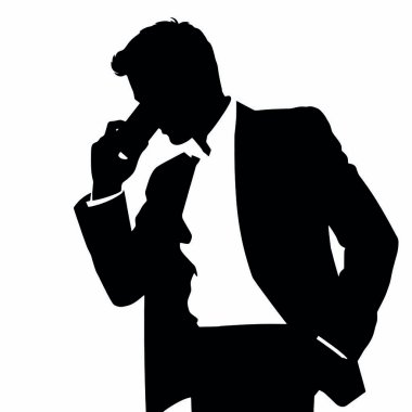 Bir iş adamı silueti cep telefonuyla konuşuyor, bir eli kalçasında ve kendinden emin bir duruşu var (22))