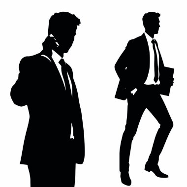 Bir iş adamı silueti cep telefonuyla konuşuyor, bir eli kalçasında ve kendinden emin bir duruşu var (25)