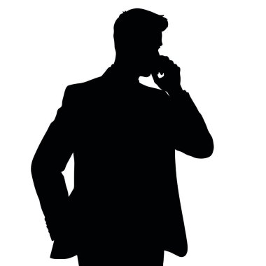 Bir iş adamı silueti cep telefonuyla konuşuyor, bir eli kalçasında ve kendinden emin bir duruşu var (26)