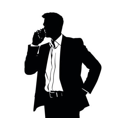 Bir iş adamı silueti cep telefonuyla konuşuyor, bir eli kalçasında ve kendinden emin bir duruşu var (27)