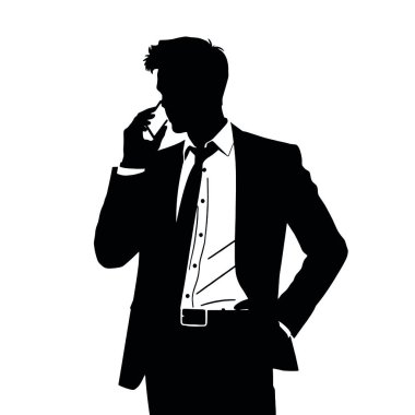 Bir iş adamı silueti cep telefonuyla konuşuyor, bir eli kalçasında ve kendinden emin duruşu (5))