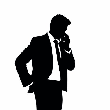 Bir iş adamı silueti cep telefonuyla konuşuyor, bir eli kalçasında ve kendinden emin duruşu (7))