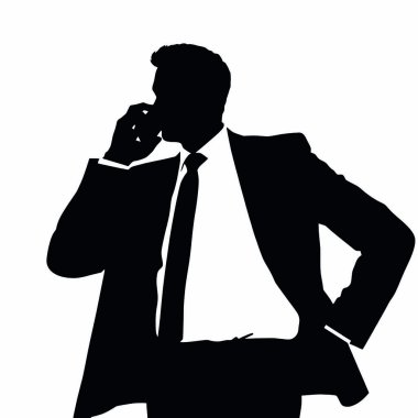 Bir iş adamı silueti cep telefonuyla konuşuyor, bir eli kalçasında ve kendinden emin bir duruşu var (6))