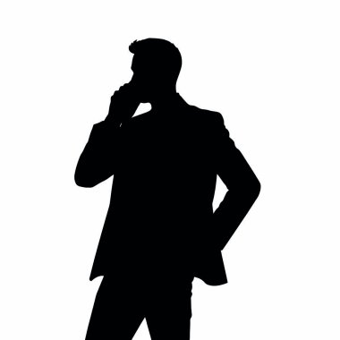 Bir iş adamı silueti cep telefonuyla konuşuyor, bir eli kalçasında ve kendinden emin duruşu (9))
