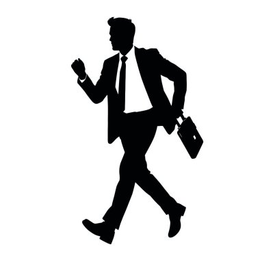 Bir işadamı silueti evrak çantasıyla hızla yürüyor, bir kolu doğal olarak öne doğru sallanıyor (5))