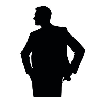 Kalçasında elleri olan bir işadamı silueti, bir iş anlaşmasını inceliyor gibi görünüyor (10))