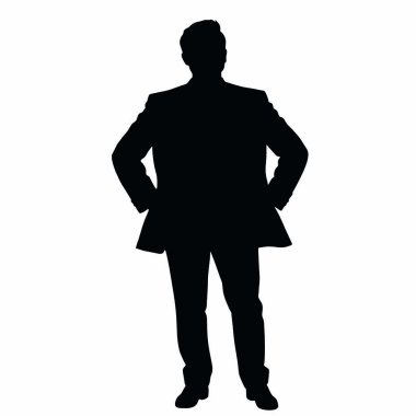 Kalçasında elleri olan bir işadamı silueti, bir iş anlaşmasını inceliyor gibi görünüyor (13))