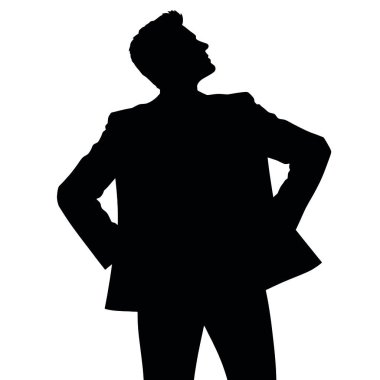 Kalçasında elleri olan bir işadamı silueti, bir iş anlaşmasını inceliyor gibi görünüyor (19)