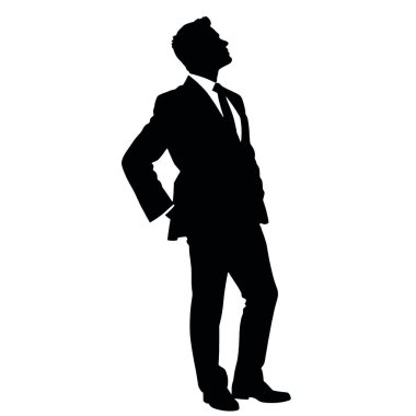 Kalçasında elleri olan bir işadamı silueti, sanki bir iş anlaşmasını inceliyormuş gibi dışarı bakıyor (23)