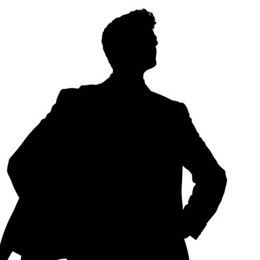 Kalçasında elleri olan bir işadamı silueti, bir iş anlaşmasını inceliyor gibi görünüyor (4))