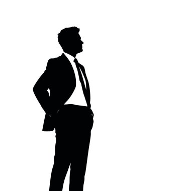 Kalçasında elleri olan bir işadamı silueti, bir iş anlaşmasını inceliyor gibi görünüyor (8))