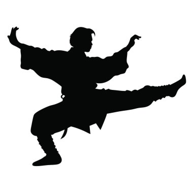 Beyaz arka planda bir karateci silueti.