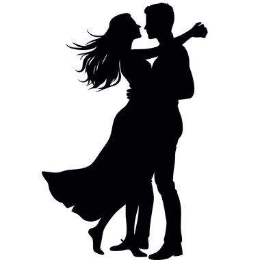 Beyaz arka planda dans eden çiftin vektör silueti. Dans, dans, çift, aşk.