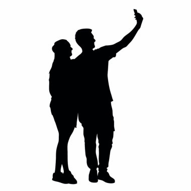 Çift silueti beyaz arka planda akıllı telefonuyla selfie çekiyor..