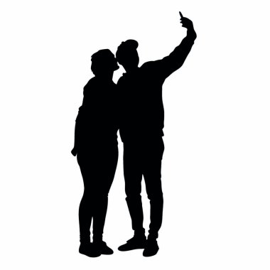 Beyaz arka planda akıllı telefonla selfie çeken çiftlerin silueti. vektör illüstrasyonu