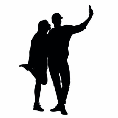 Beyaz arkaplanda selfie olan çiftlerin vektör silueti.