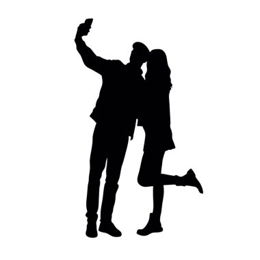 Vektör silueti. Sevgililer selfie çekiyor..