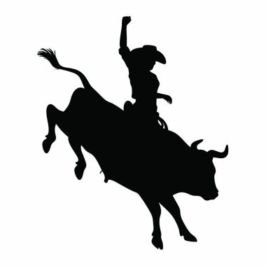 Kovboy şapkalı kadın silueti ve büyük bir boğa.