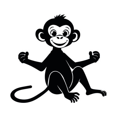 Beyaz arka planda elleri havada oturan sevimli siyah maymun.