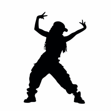 Beyaz arka planda siyah elbiseli bir dansçının silueti.