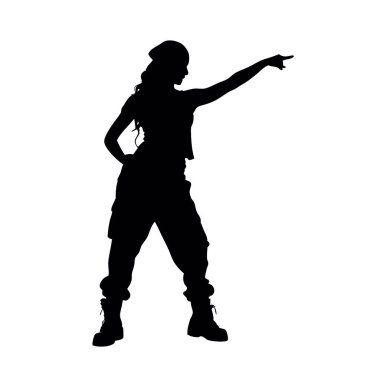 Beyaz arka planda silahı olan bir kadının vektör silueti..